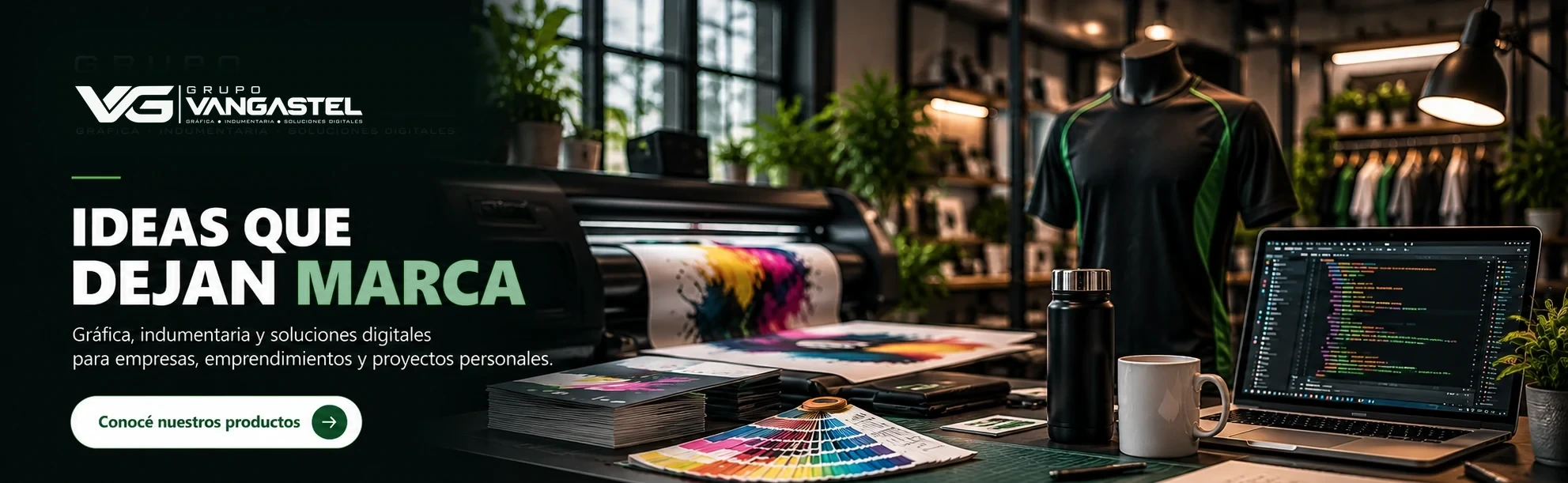 Grupo VanGastel: Ideas que dejan marca. Gráfica, indumentaria y soluciones digitales, con plotter, maniquí de ropa deportiva y notebook de programación.